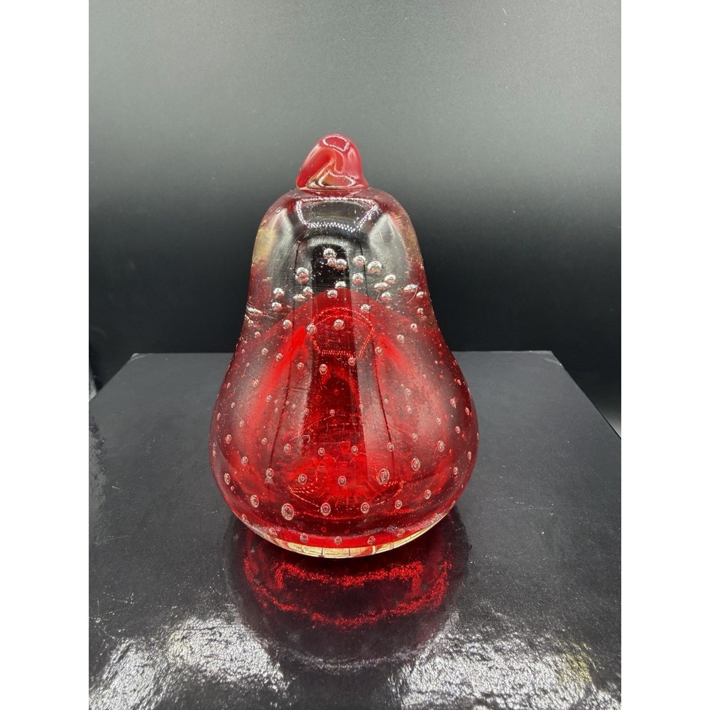 🍐❤️ Vintage Art Glass Red Pear Paperweight w/ Controlled Bubbles Hand Blown
